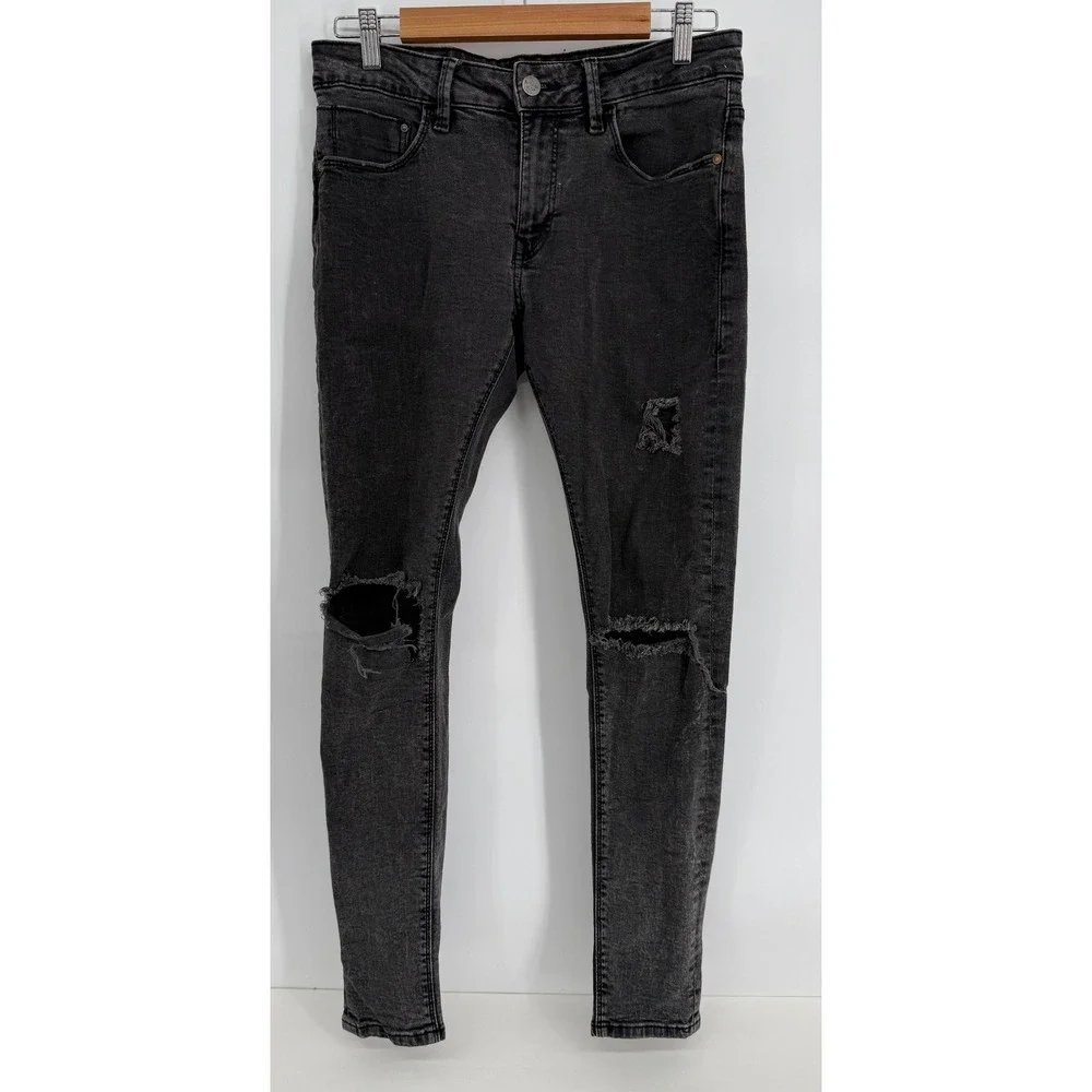 Bershka Super Skinny Fit Distressed Jeans Black Faded Ripped Women's Sz 31 x 30